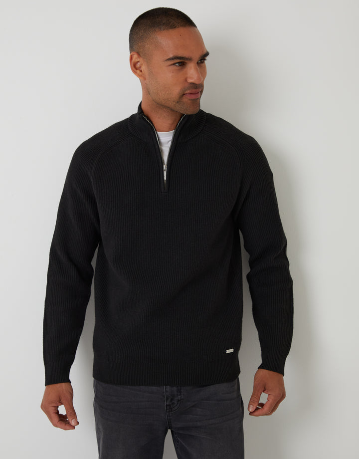 Black Rib Panel Quarter Zip Knitted Jumper