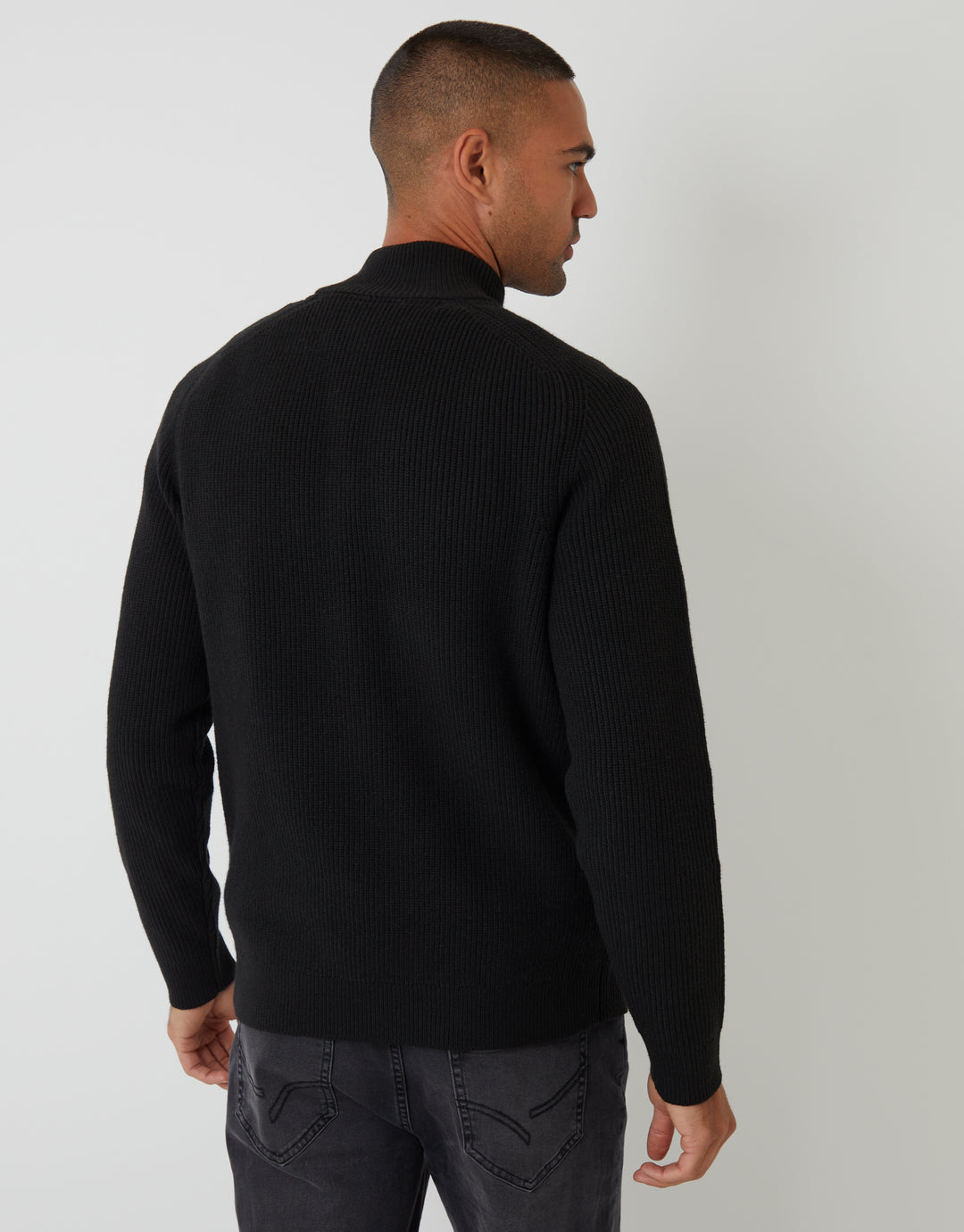 Black Rib Panel Quarter Zip Knitted Jumper