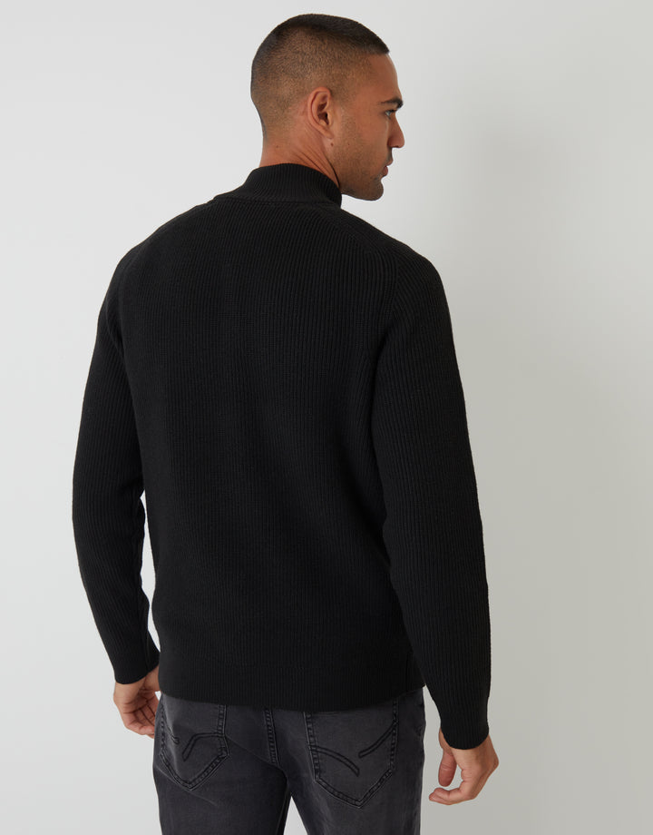 Black Rib Panel Quarter Zip Knitted Jumper