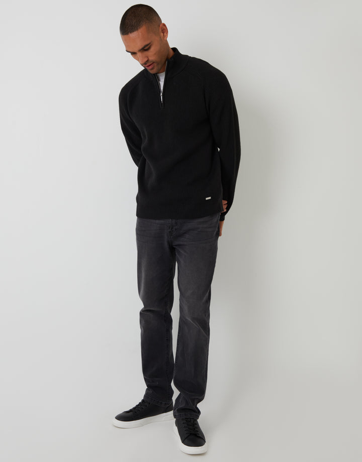 Black Rib Panel Quarter Zip Knitted Jumper