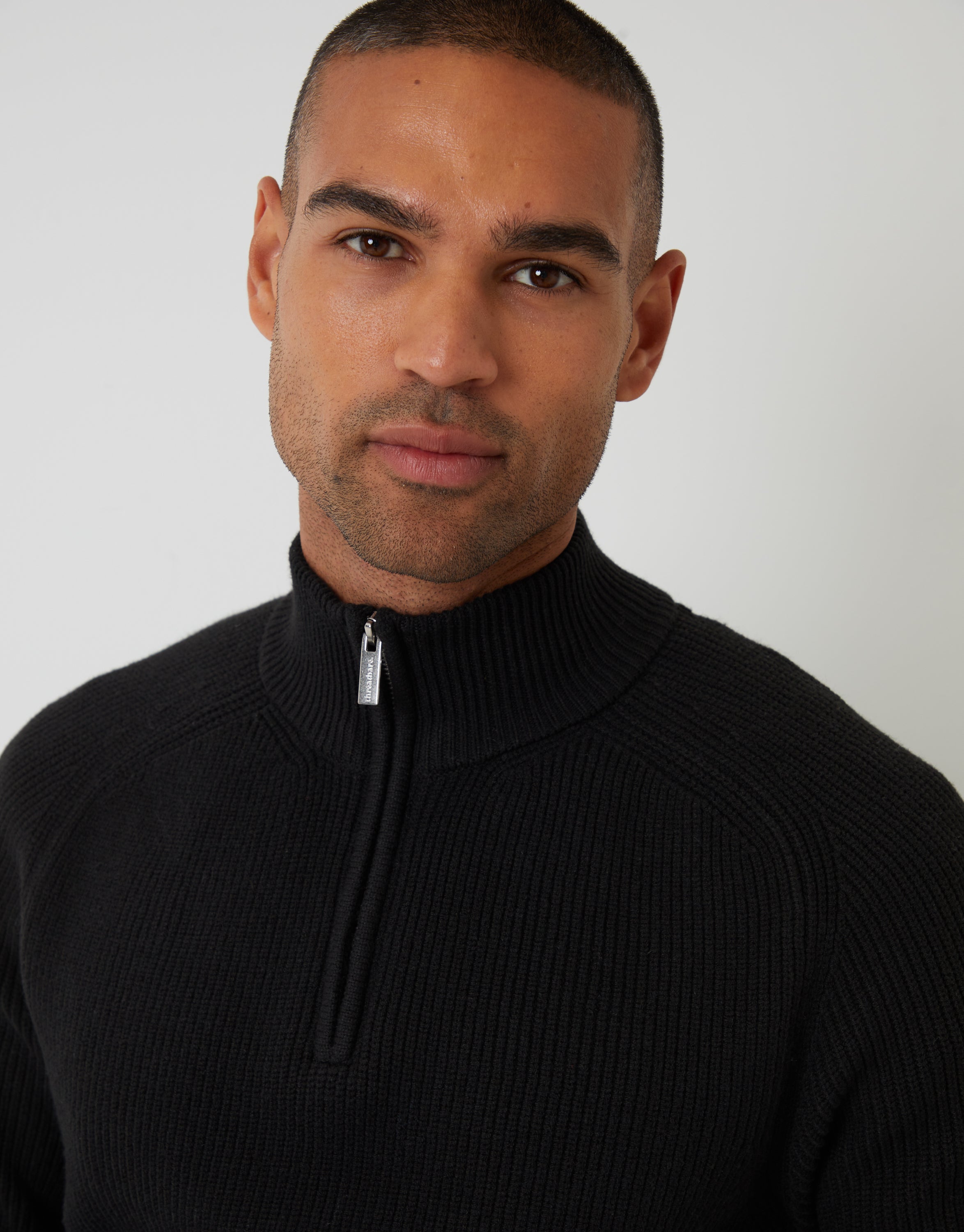 Threadbare Men's Rib Panel Quarter Zip Jumper in Black