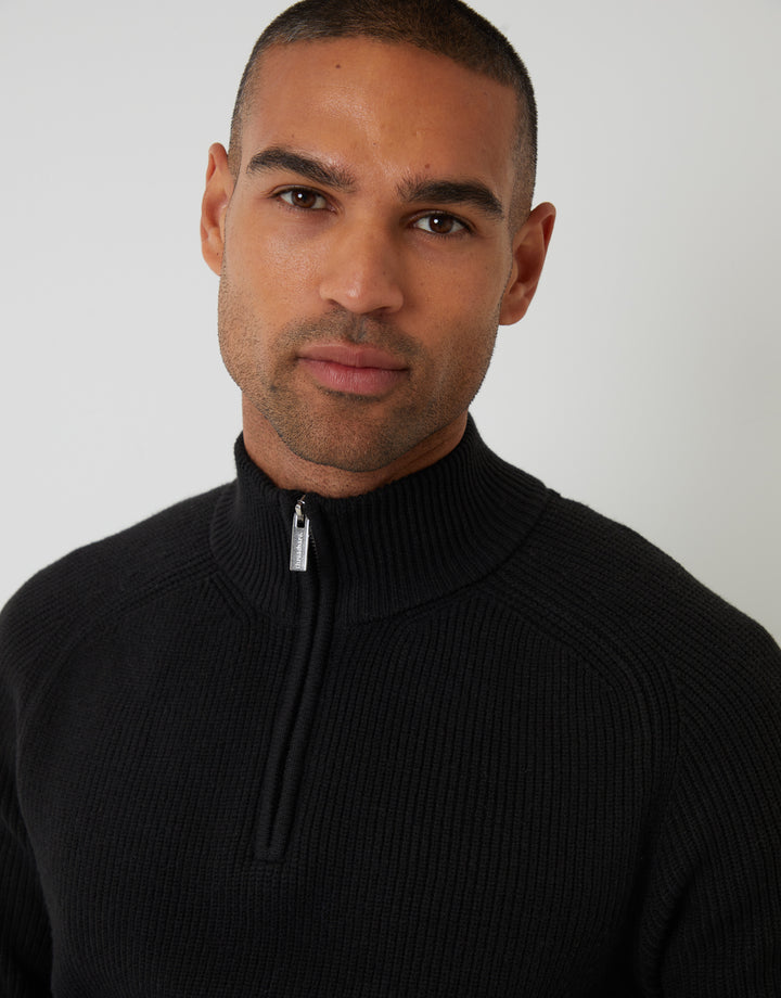 Black Rib Panel Quarter Zip Knitted Jumper