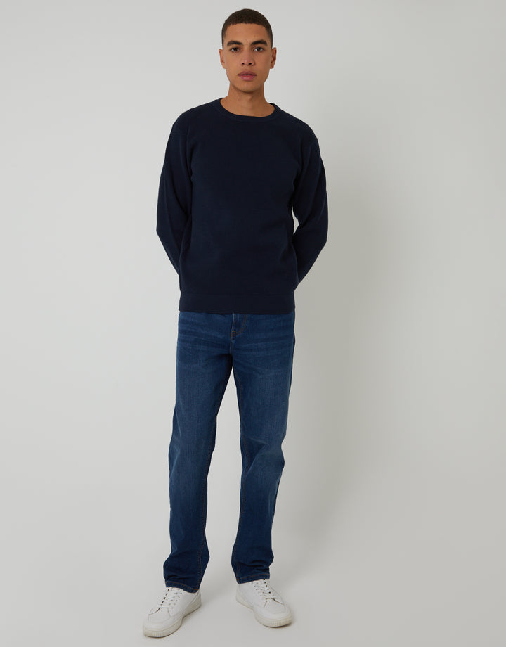 Navy Rib Knit Crew Neck Jumper