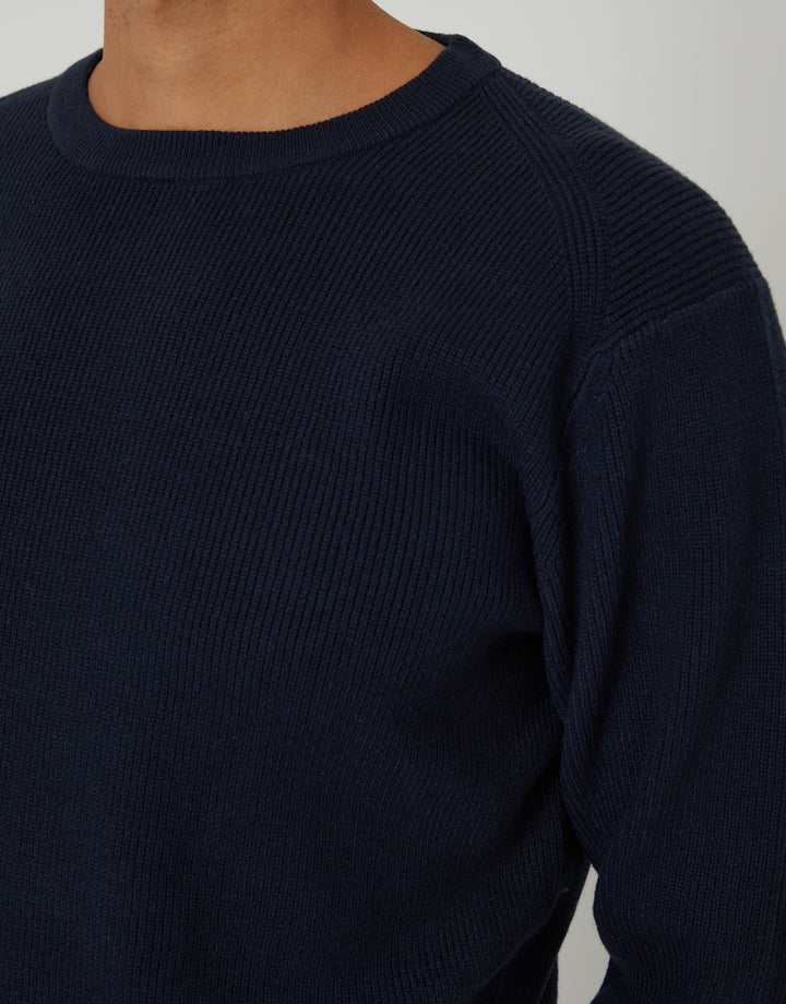 Navy Rib Knit Crew Neck Jumper