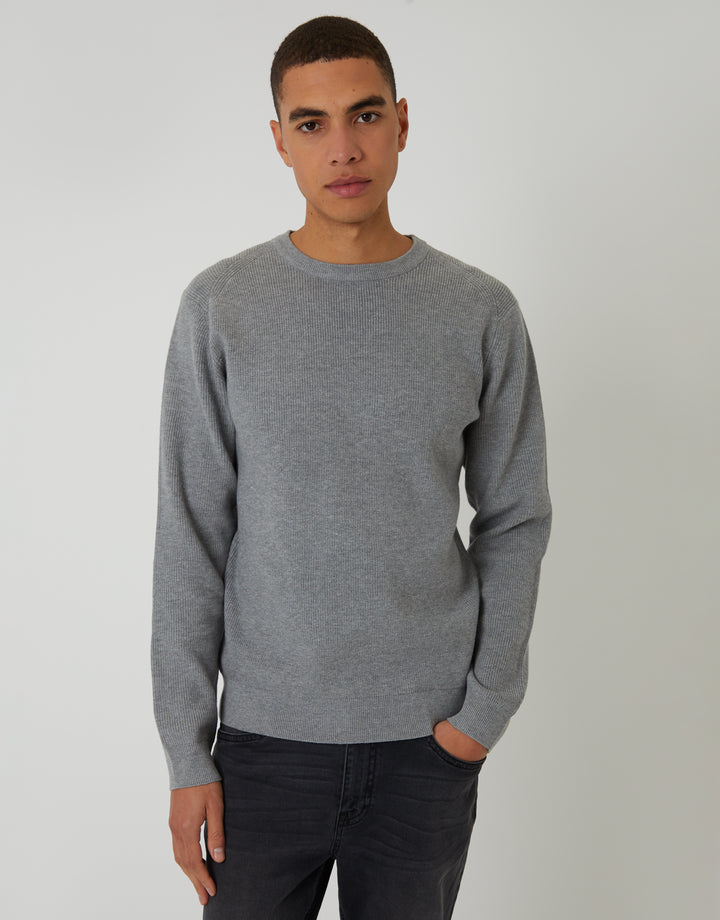Grey Rib Knit Crew Neck Jumper