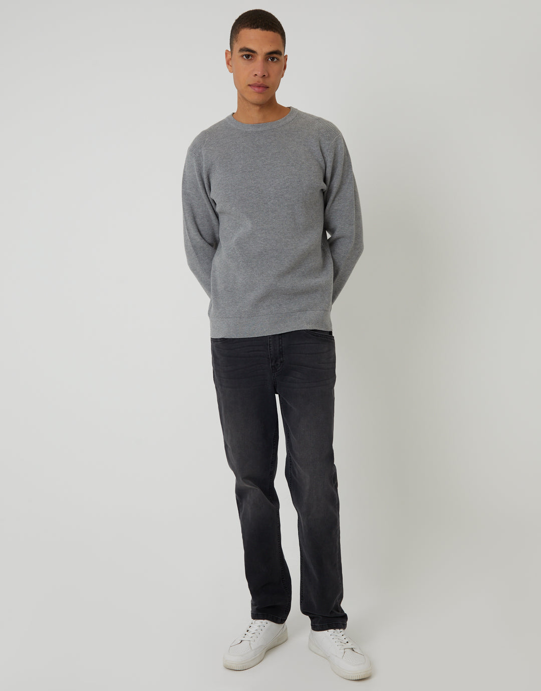 Grey Rib Knit Crew Neck Jumper