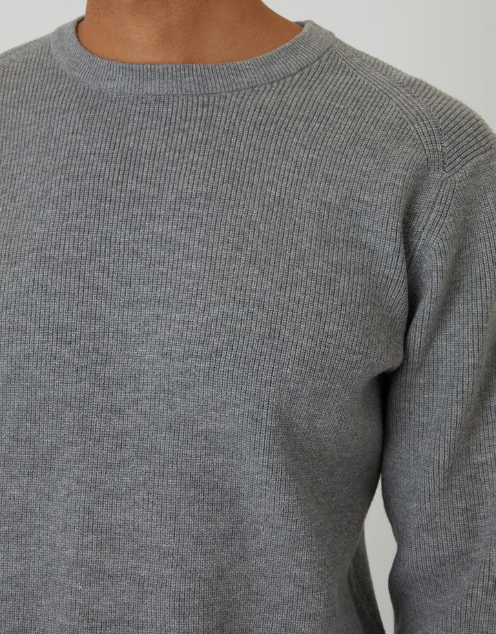 Grey Rib Knit Crew Neck Jumper