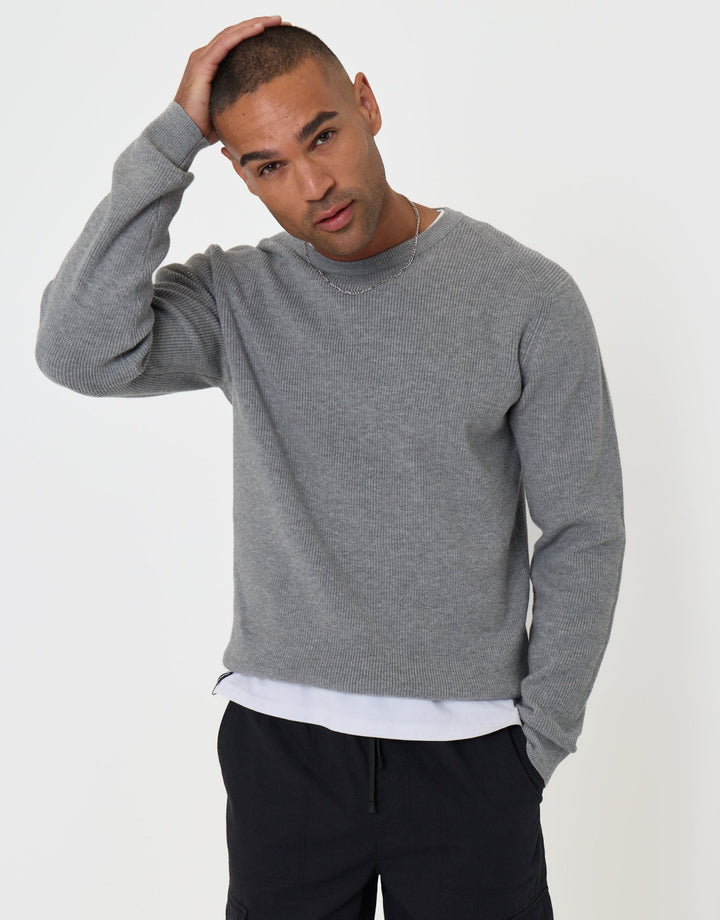Threadbare Rib Knit Crew Neck Jumper in Grey - front view pose