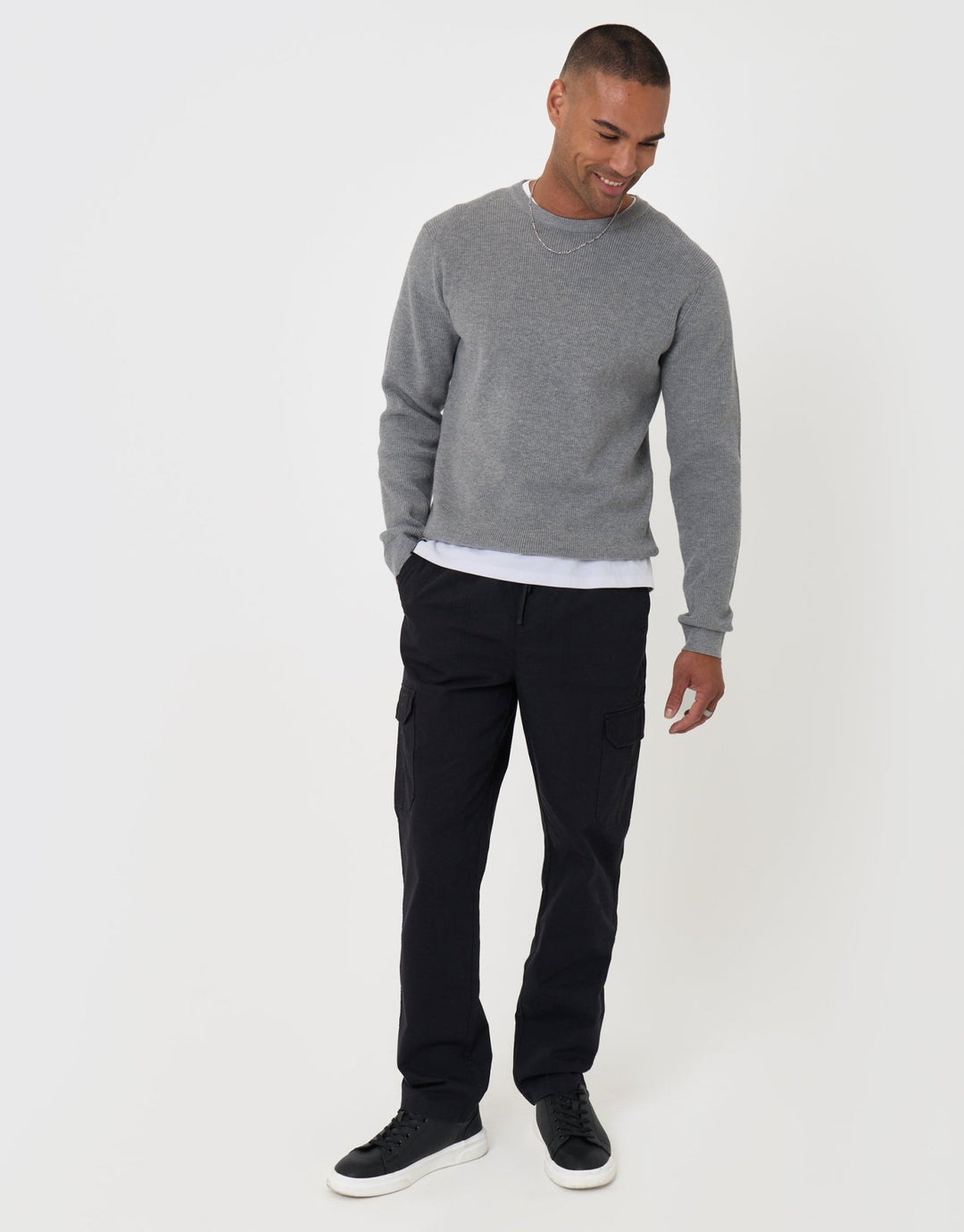 Threadbare Rib Knit Crew Neck Jumper in Grey - full body