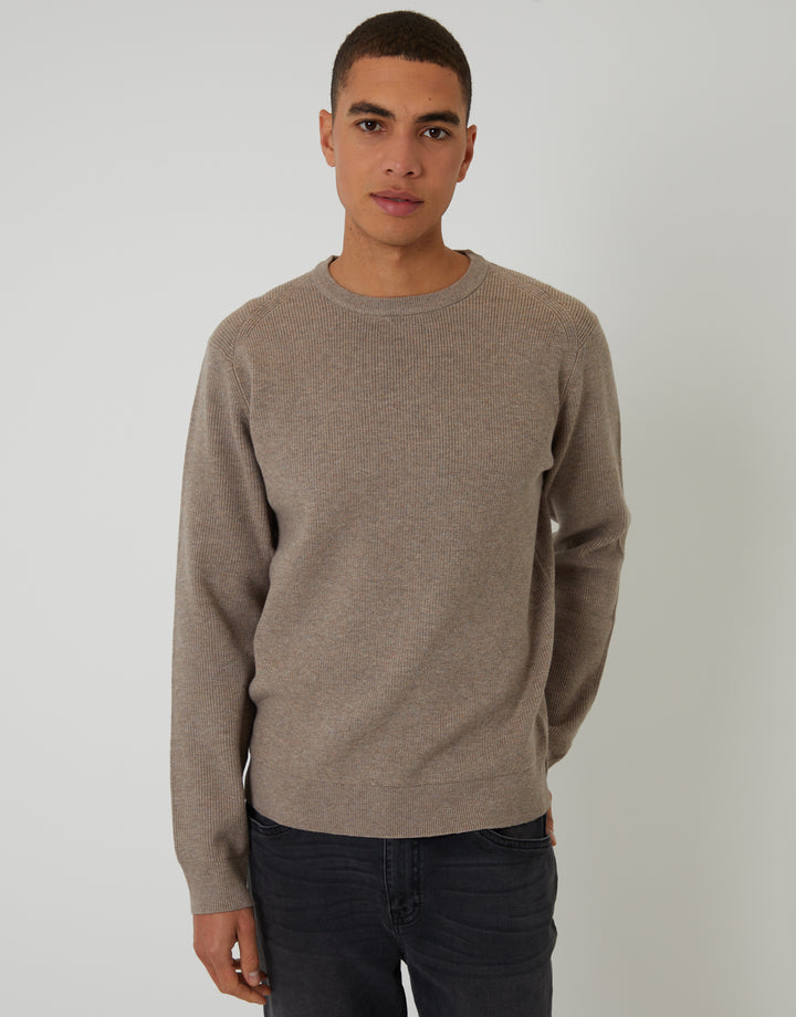 Taupe Rib Knit Crew Neck Jumper