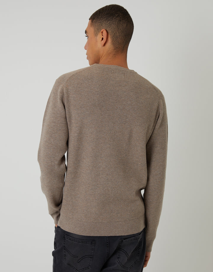 Taupe Rib Knit Crew Neck Jumper