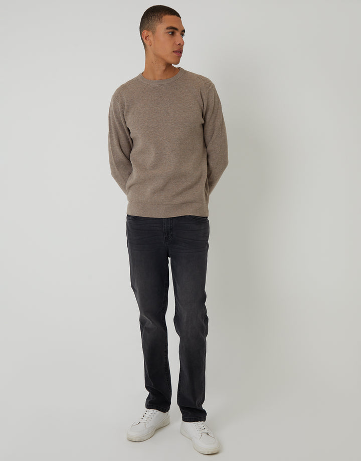 Taupe Rib Knit Crew Neck Jumper