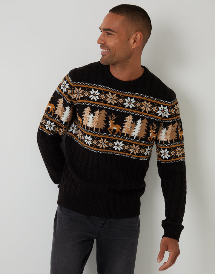 Black Cable Knit Fairisle Crew Neck Christmas Jumper