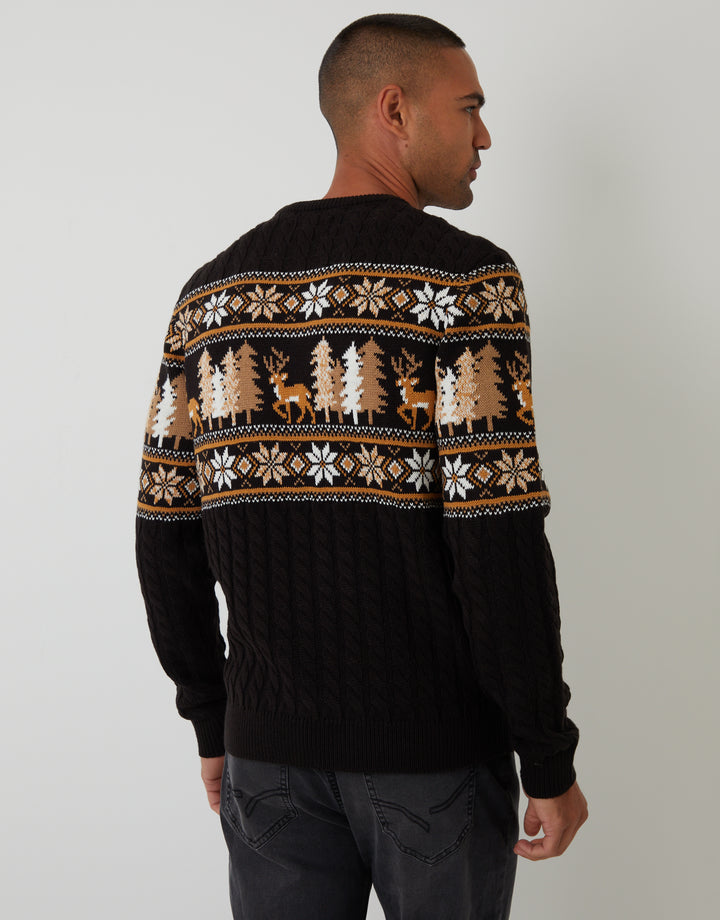 Black Cable Knit Fairisle Crew Neck Christmas Jumper