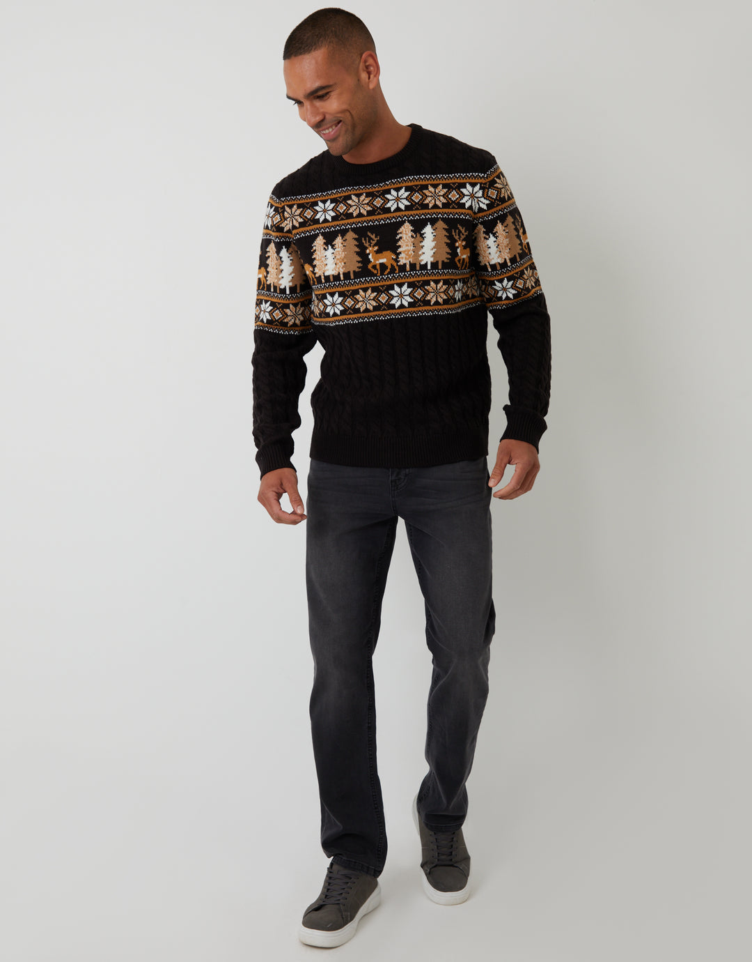 Black Cable Knit Fairisle Crew Neck Christmas Jumper