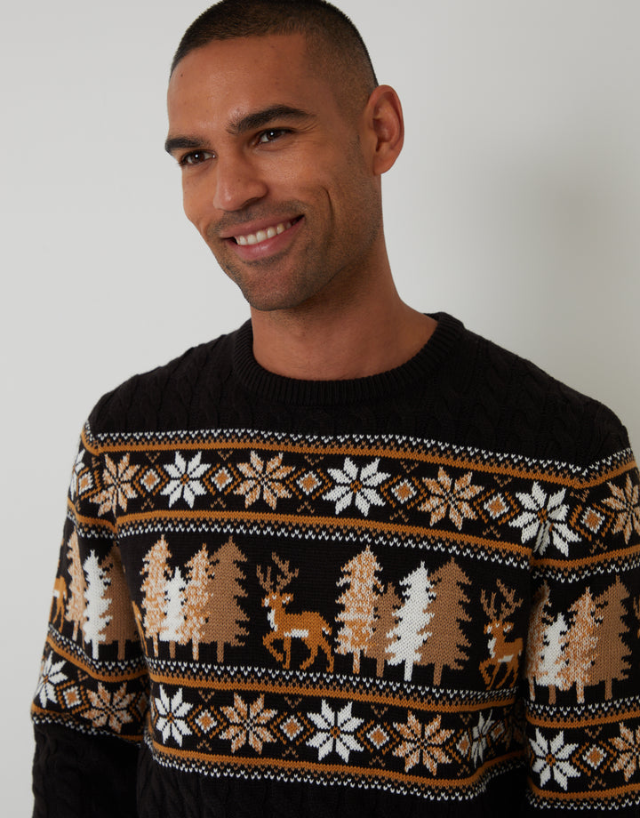 Black Cable Knit Fairisle Crew Neck Christmas Jumper