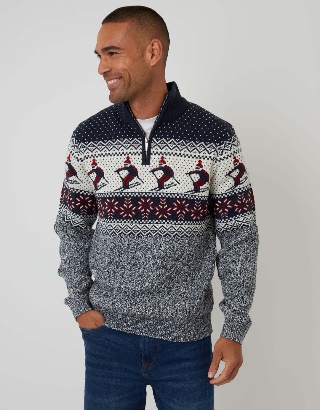 Navy Ski Fairisle Cable Knit Quarter Zip Jumper