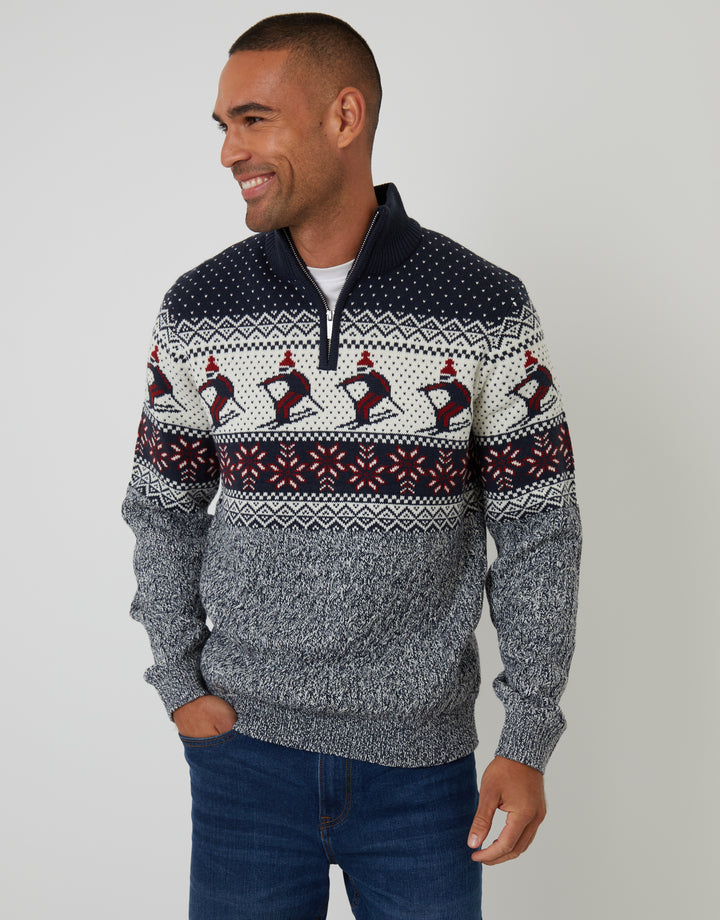 Navy Ski Fairisle Cable Knit Quarter Zip Jumper