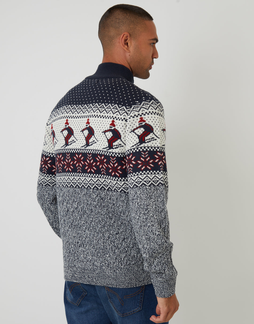 Navy Ski Fairisle Cable Knit Quarter Zip Jumper