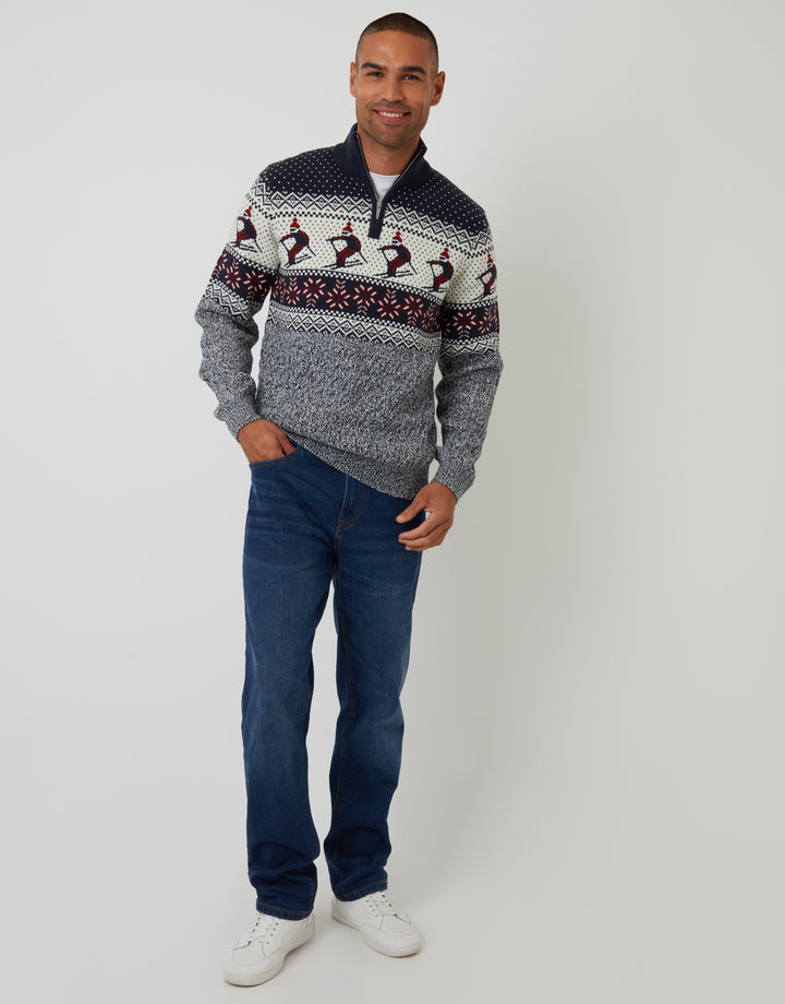 Navy Ski Fairisle Cable Knit Quarter Zip Jumper