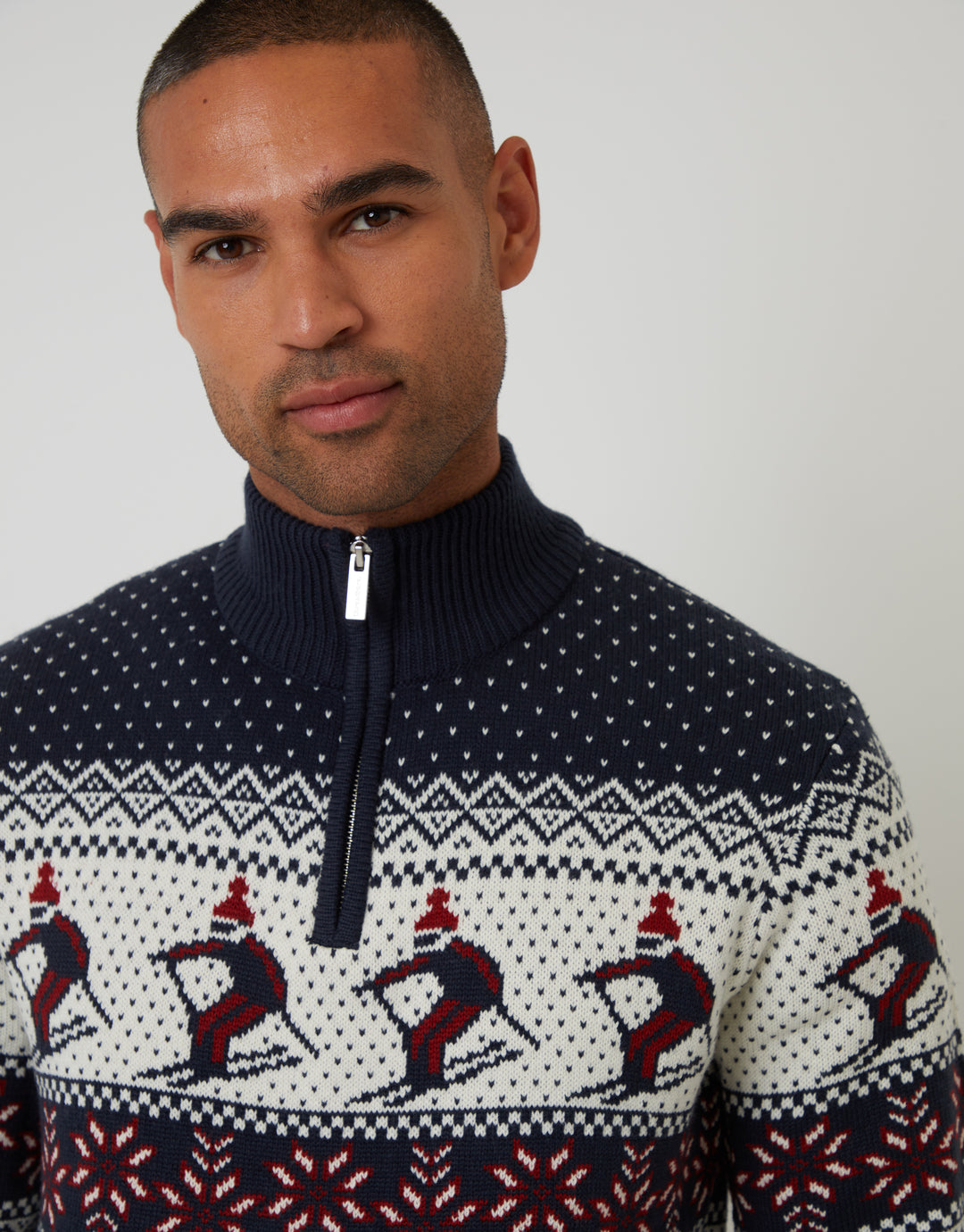 Navy Ski Fairisle Cable Knit Quarter Zip Jumper