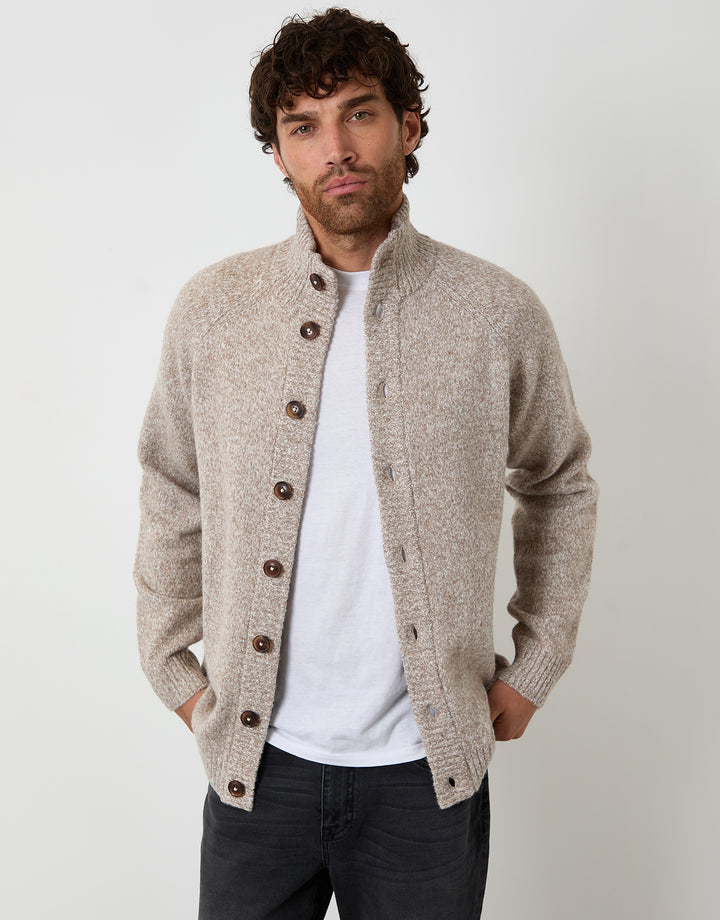 Taupe Funnel Neck Button Up Knitted Cardigan