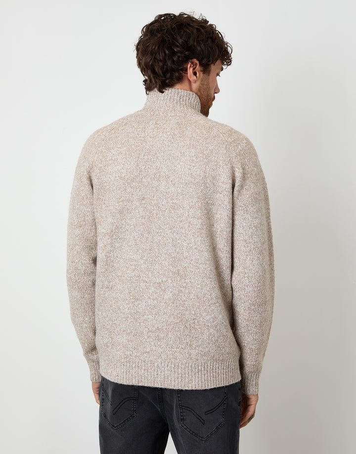 Taupe Funnel Neck Button Up Knitted Cardigan