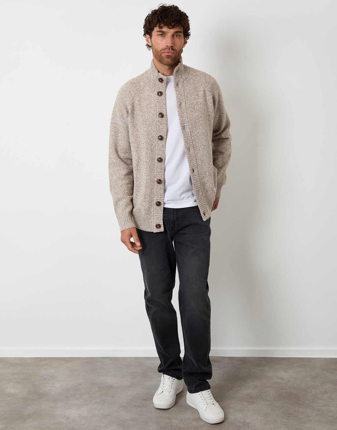 Taupe Funnel Neck Button Up Knitted Cardigan