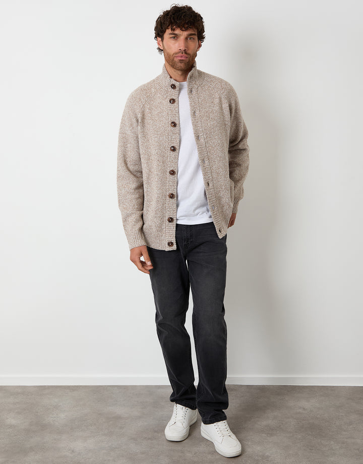 Taupe Funnel Neck Button Up Knitted Cardigan