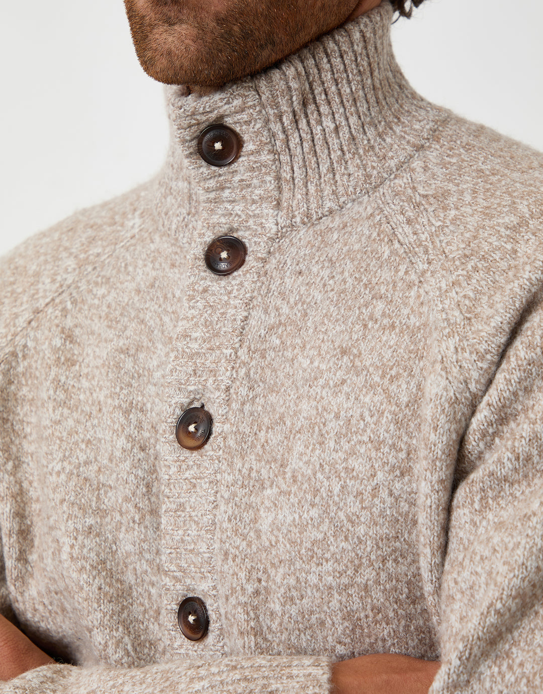 Taupe Funnel Neck Button Up Knitted Cardigan