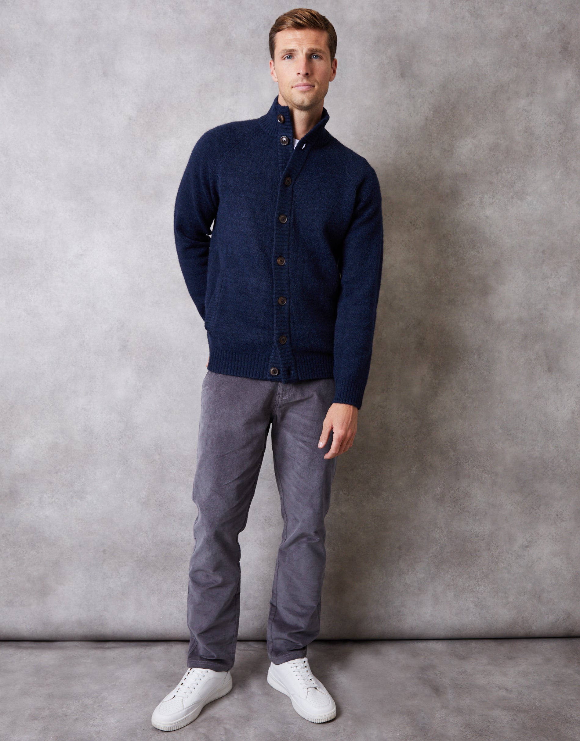 Threadbare Men's Blue Funnel Neck Button Up Knitted Cardigan