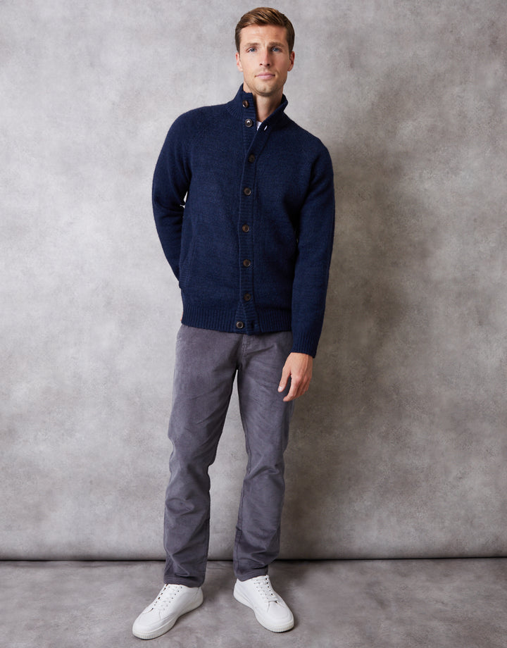 Blue Funnel Neck Button Up Knitted Cardigan