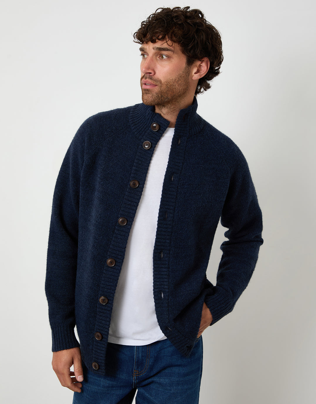 Blue Funnel Neck Button Up Knitted Cardigan