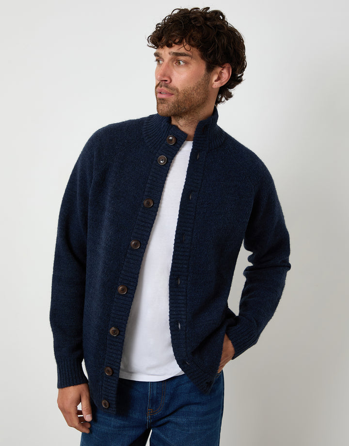 Blue Funnel Neck Button Up Knitted Cardigan