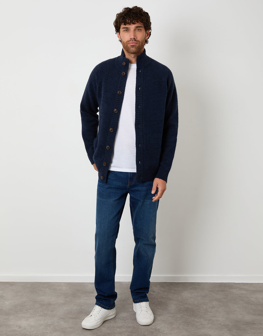 Blue Funnel Neck Button Up Knitted Cardigan