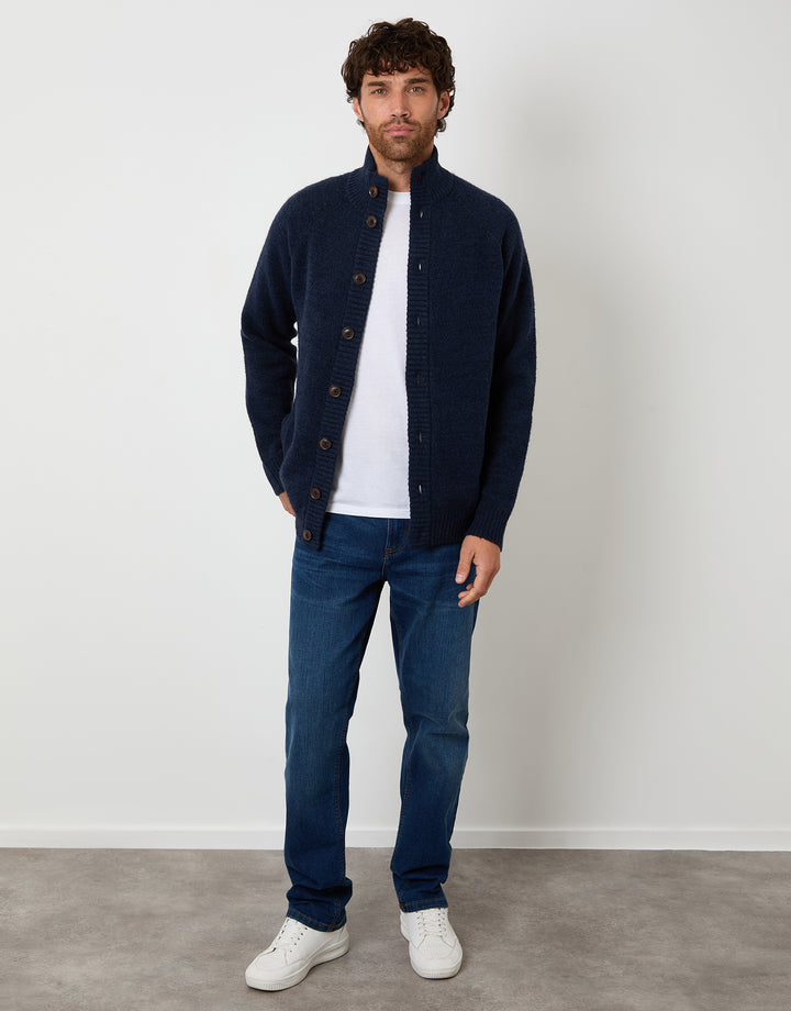 Blue Funnel Neck Button Up Knitted Cardigan