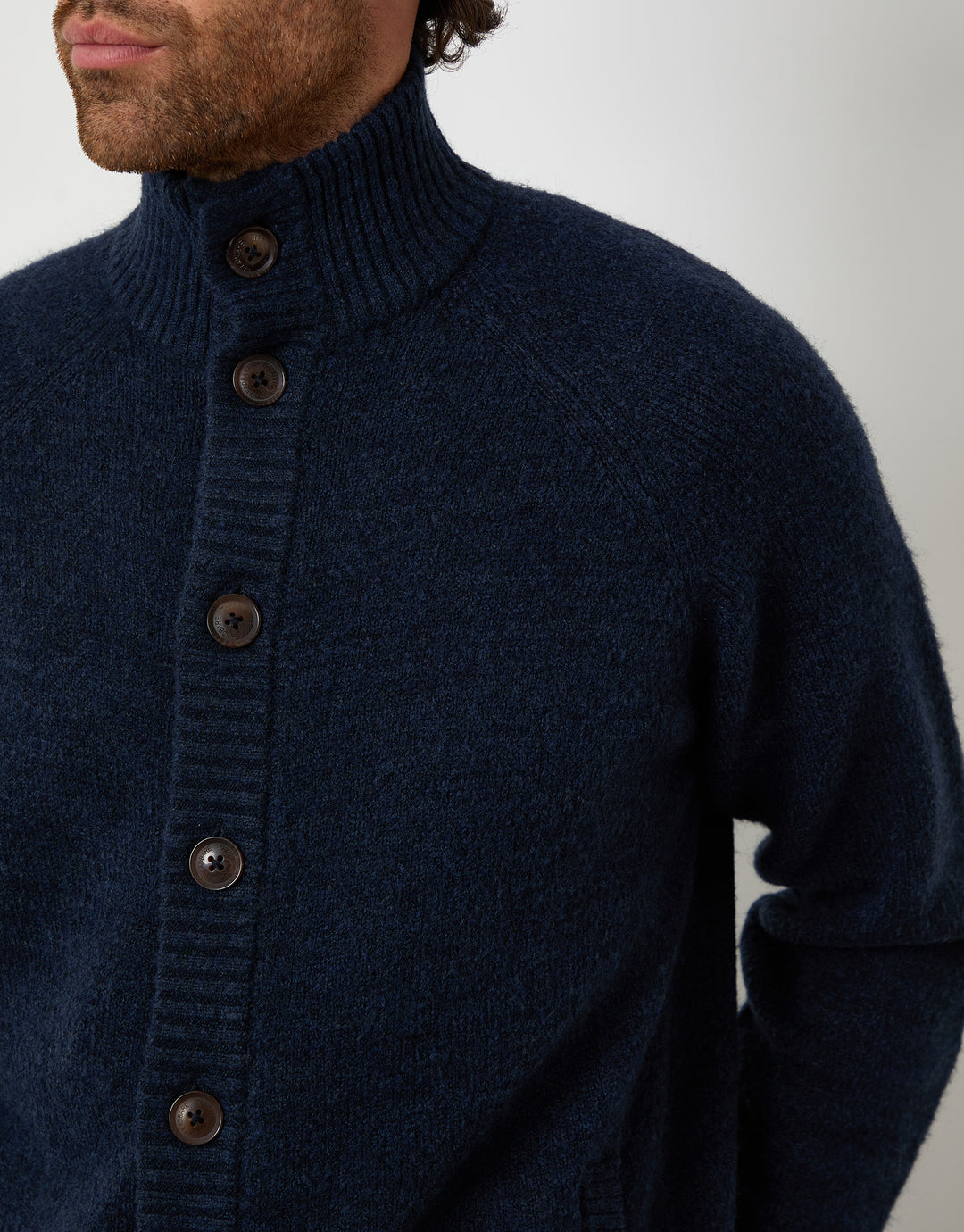 Blue Funnel Neck Button Up Knitted Cardigan