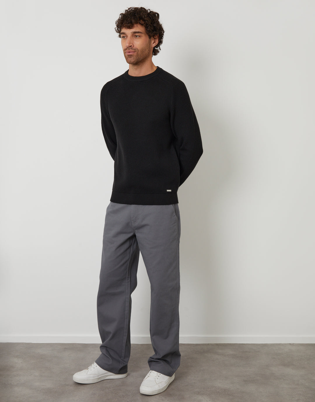 Black Saddle Sleeve Knitted Crew Neck Jumper