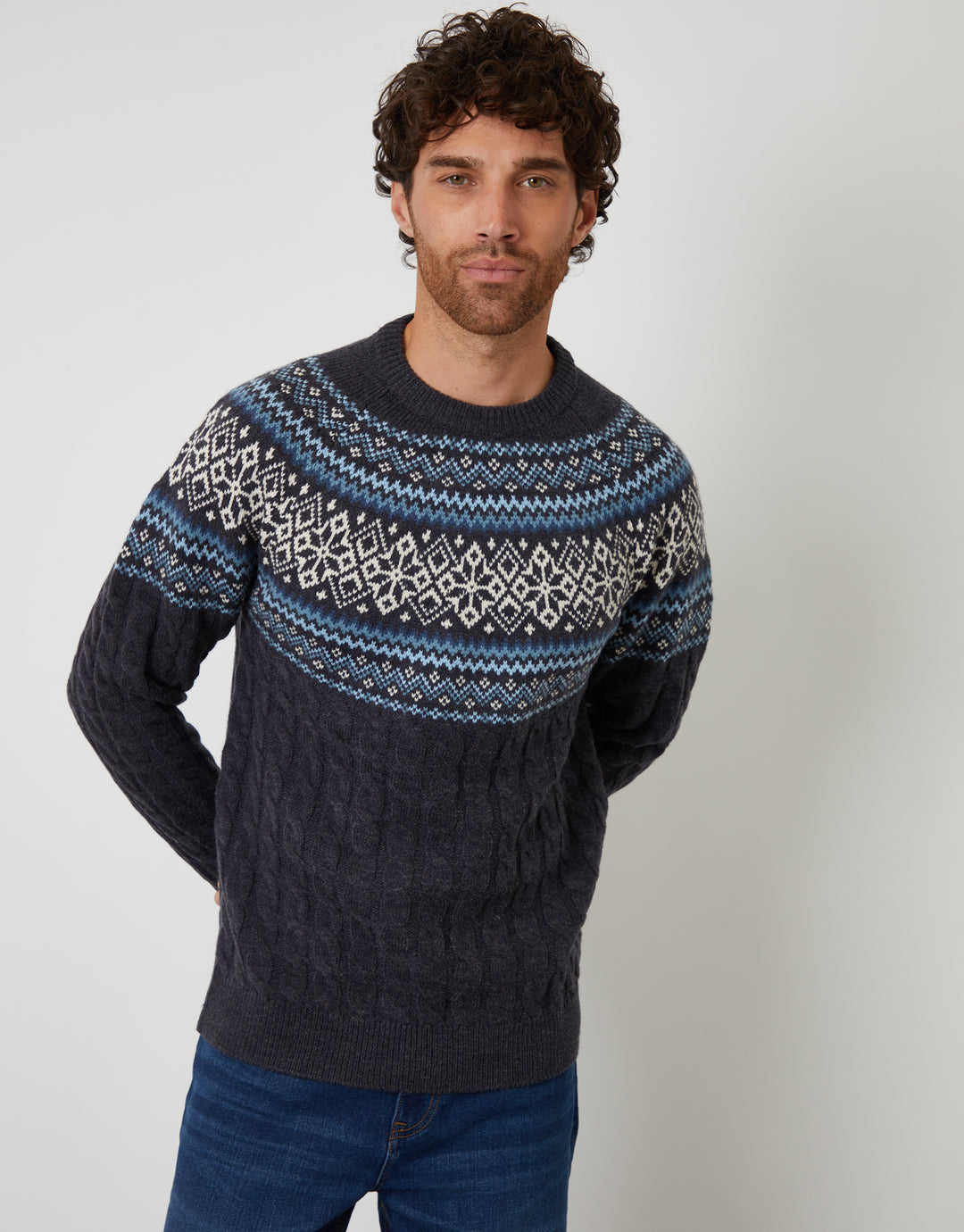 Navy Cable Knit Fairisle Crew Neck Christmas Jumper