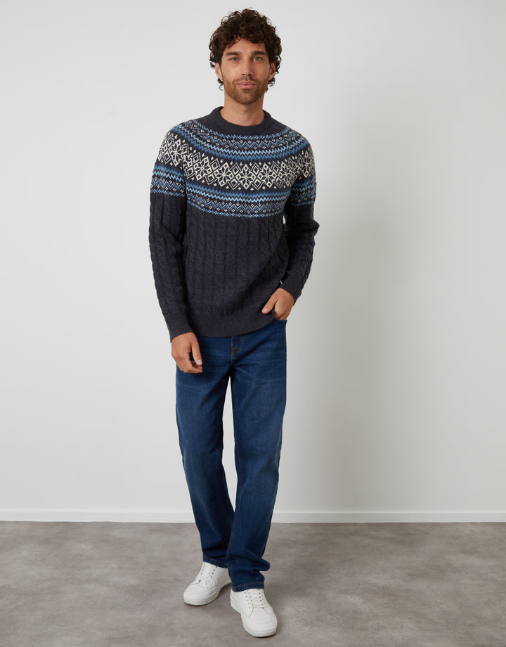 Navy Cable Knit Fairisle Crew Neck Christmas Jumper