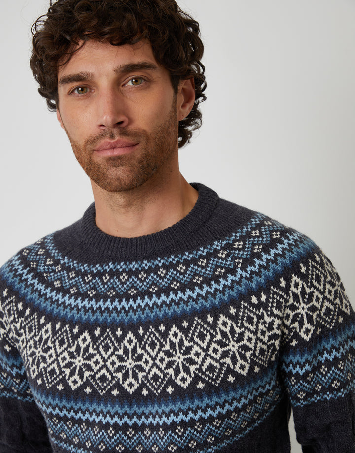 Navy Cable Knit Fairisle Crew Neck Christmas Jumper