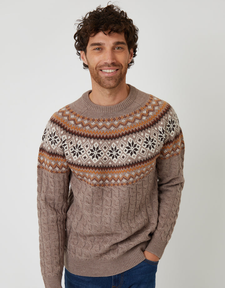 Taupe Cable Knit Fairisle Crew Neck Christmas Jumper