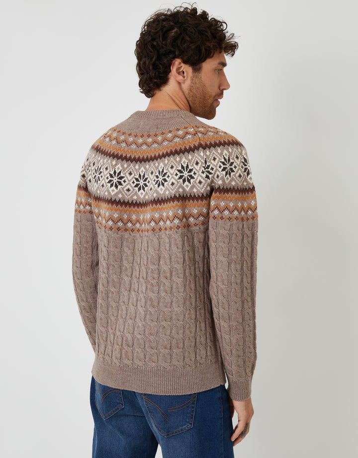 Taupe Cable Knit Fairisle Crew Neck Christmas Jumper
