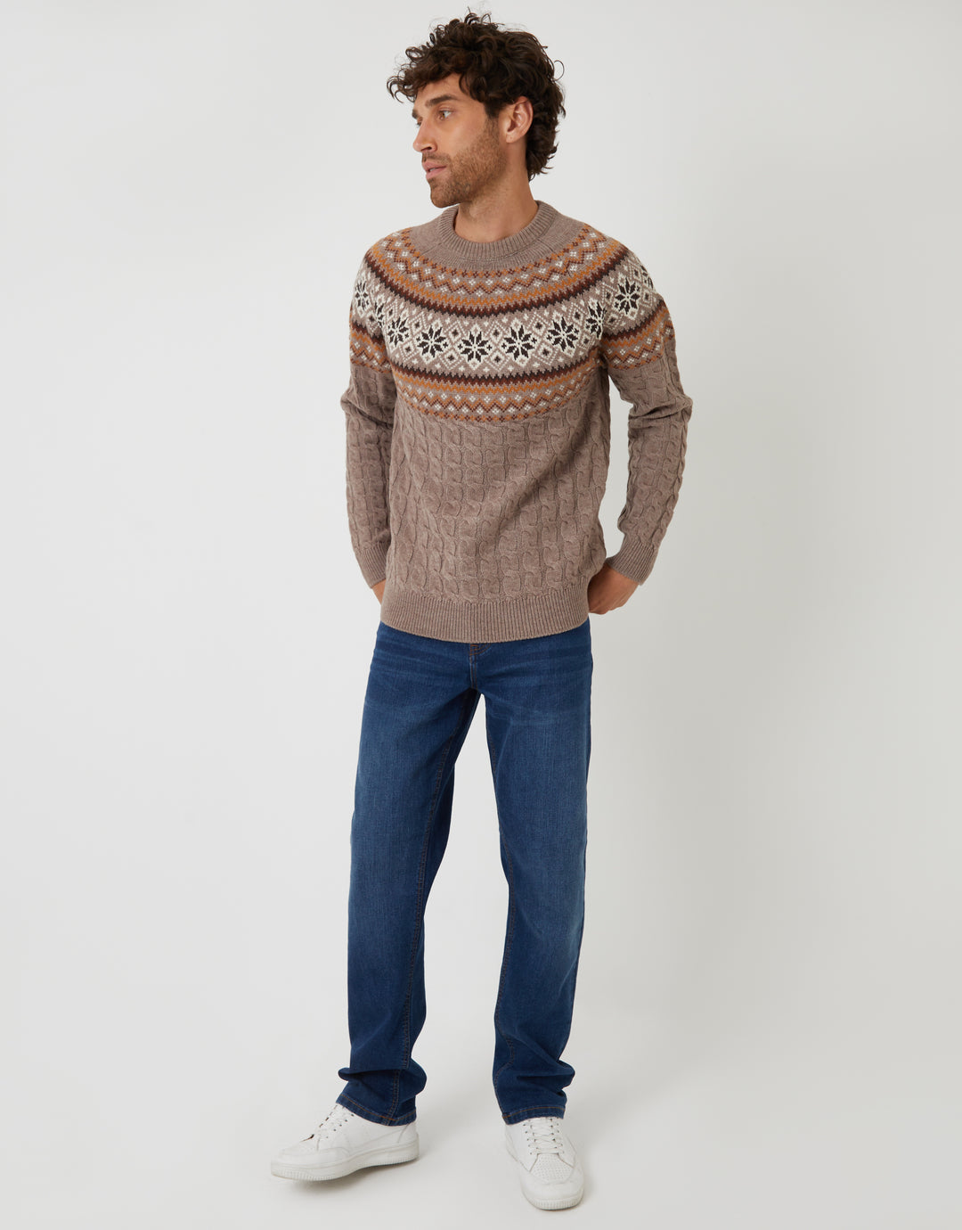Taupe Cable Knit Fairisle Crew Neck Christmas Jumper