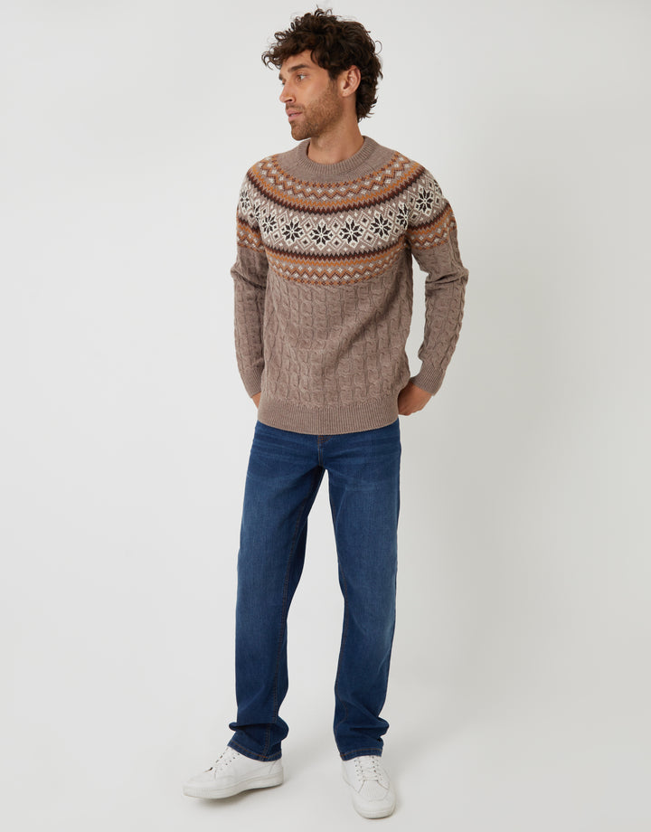 Taupe Cable Knit Fairisle Crew Neck Christmas Jumper