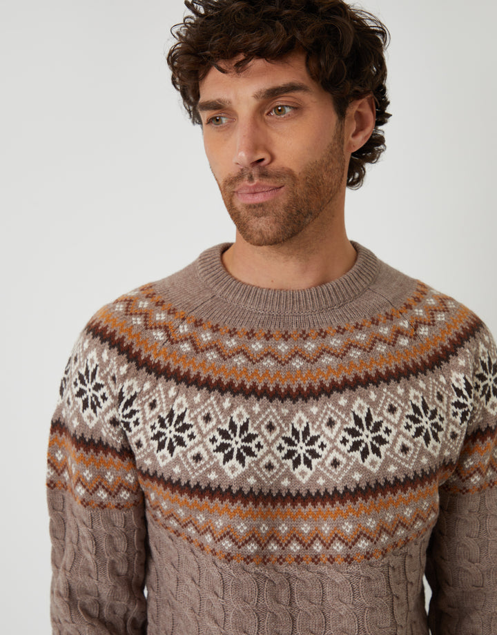 Taupe Cable Knit Fairisle Crew Neck Christmas Jumper