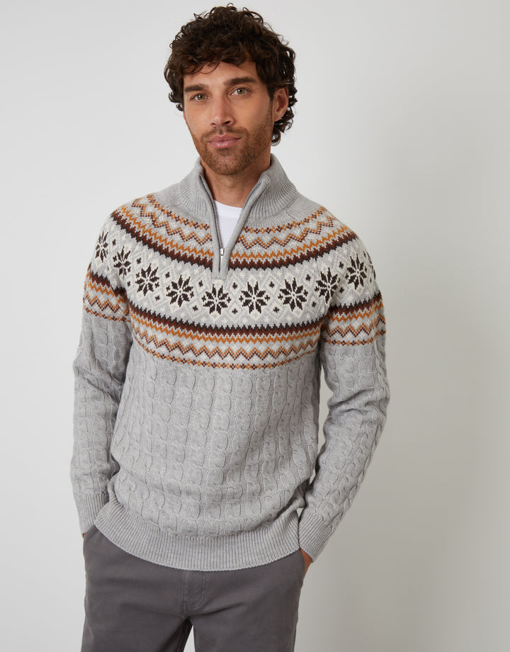 Grey Fairisle Cable Knit Quarter Zip Jumper