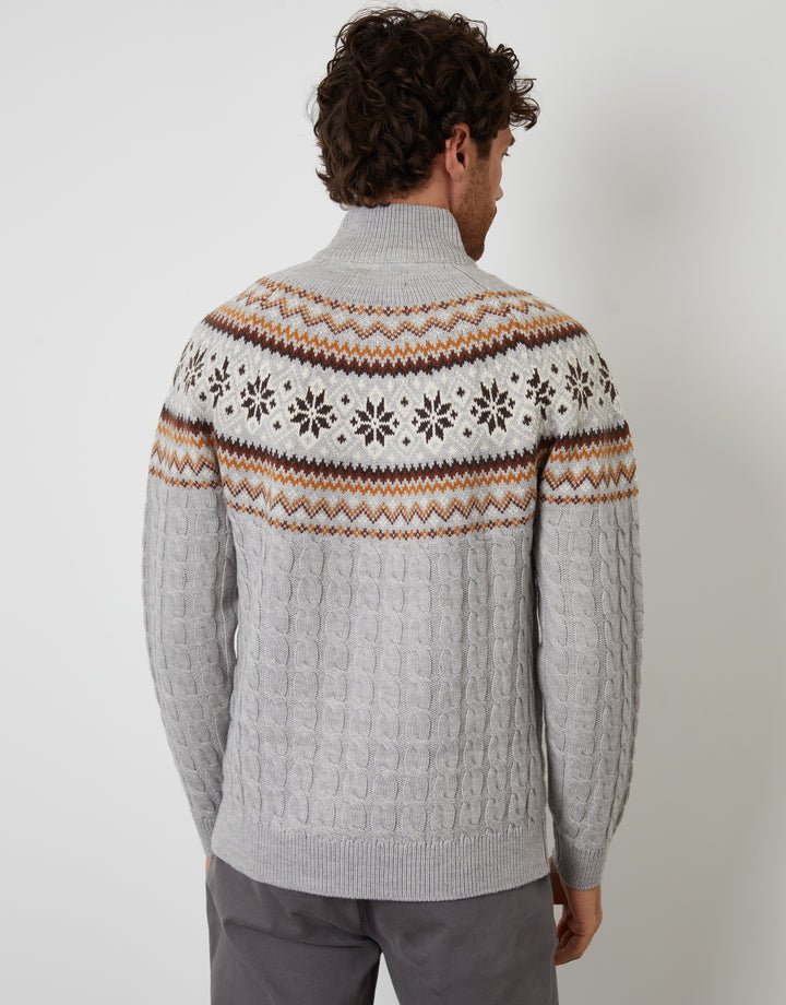Grey Fairisle Cable Knit Quarter Zip Jumper