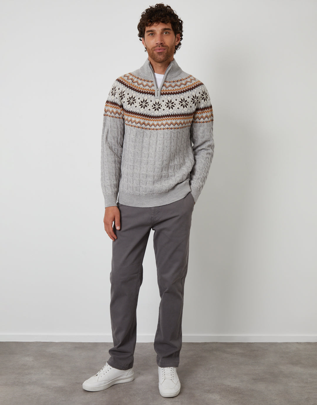 Grey Fairisle Cable Knit Quarter Zip Jumper