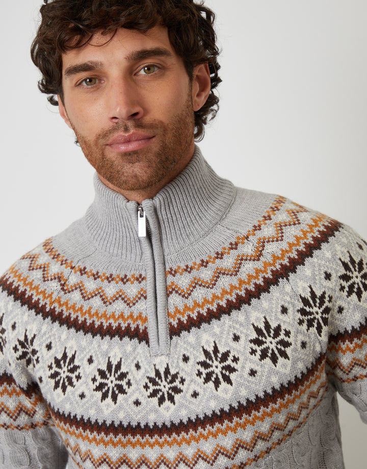 Grey Fairisle Cable Knit Quarter Zip Jumper